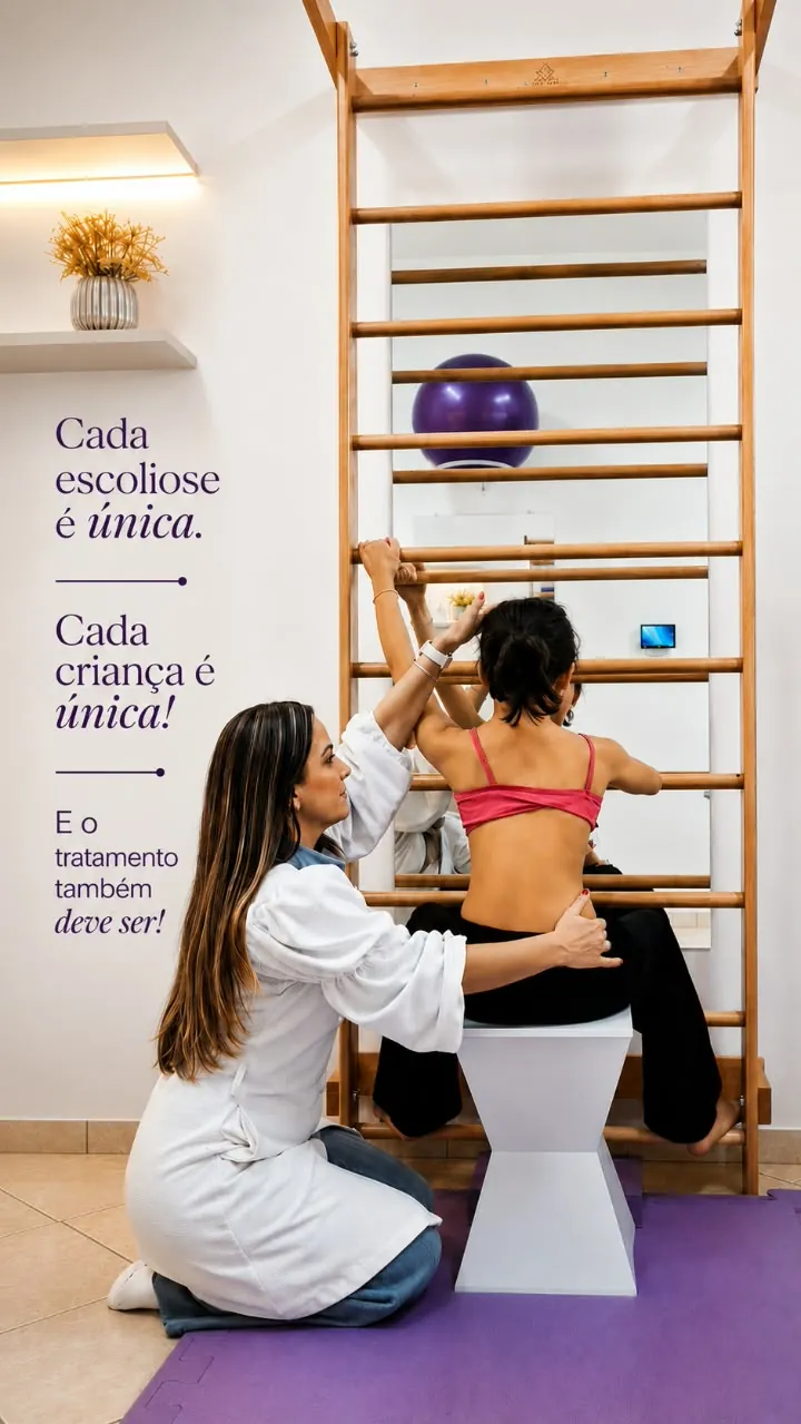 Dra. Gisela avaliando as costas de uma menina sentada em um banco diante do espaldar, com o texto: cada escoliose é única, cada criança é única