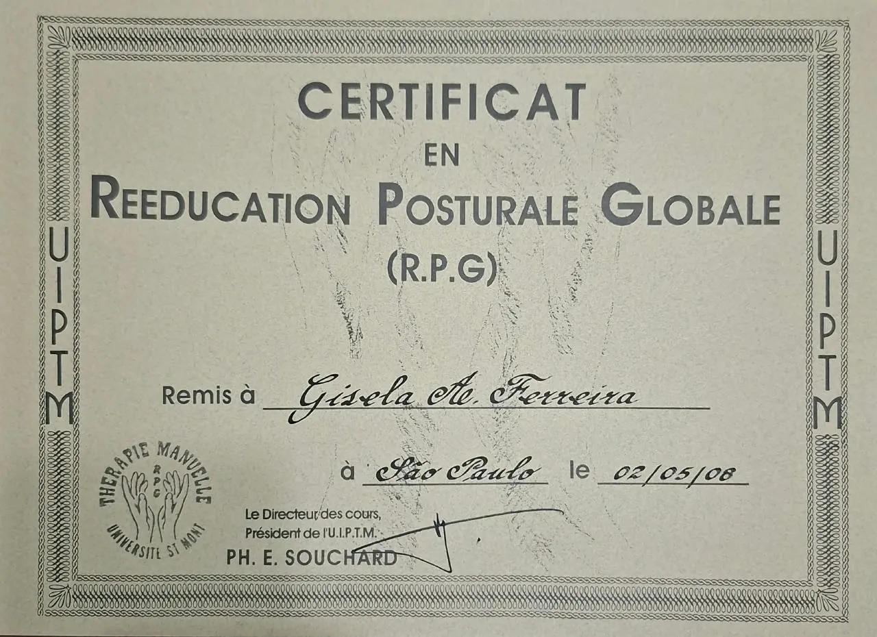 Certificado de Reeducação Postural Global (RPG), emitido a Gisela A. Ferreira